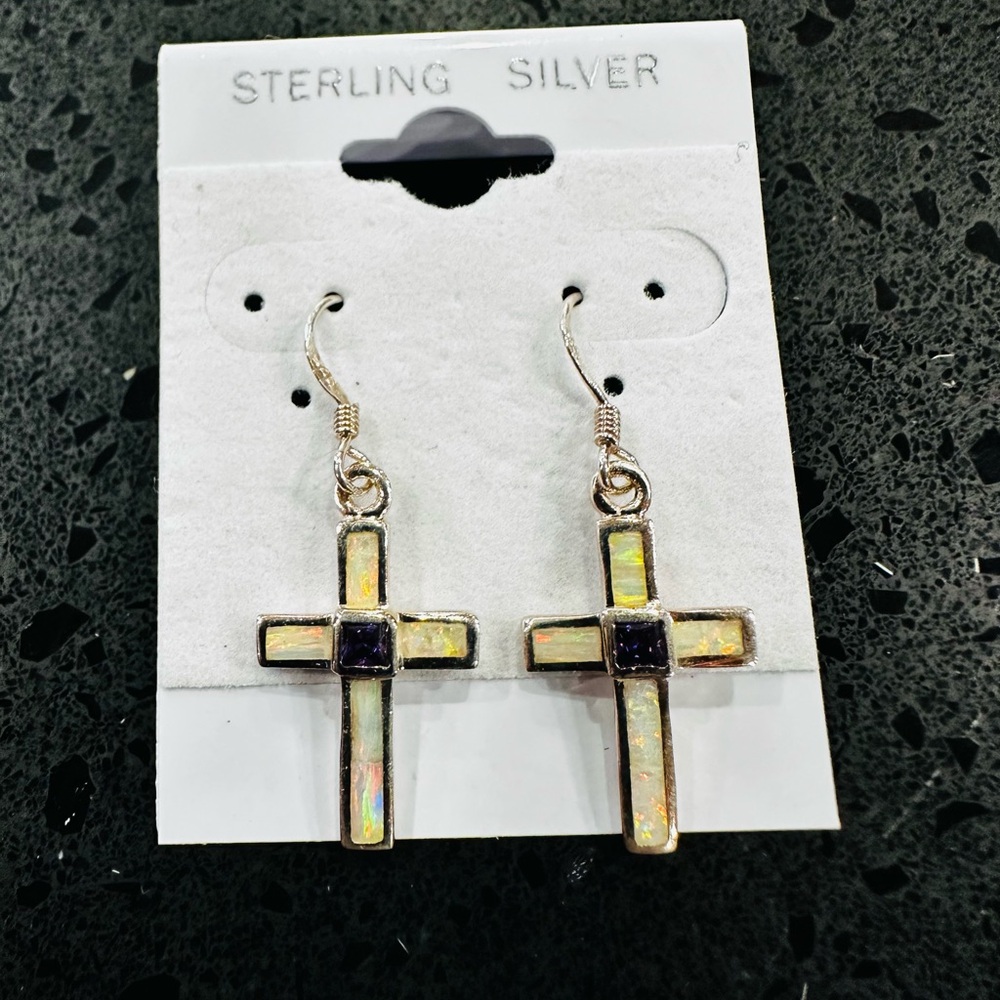 Beautiful opal cross dangle earrings